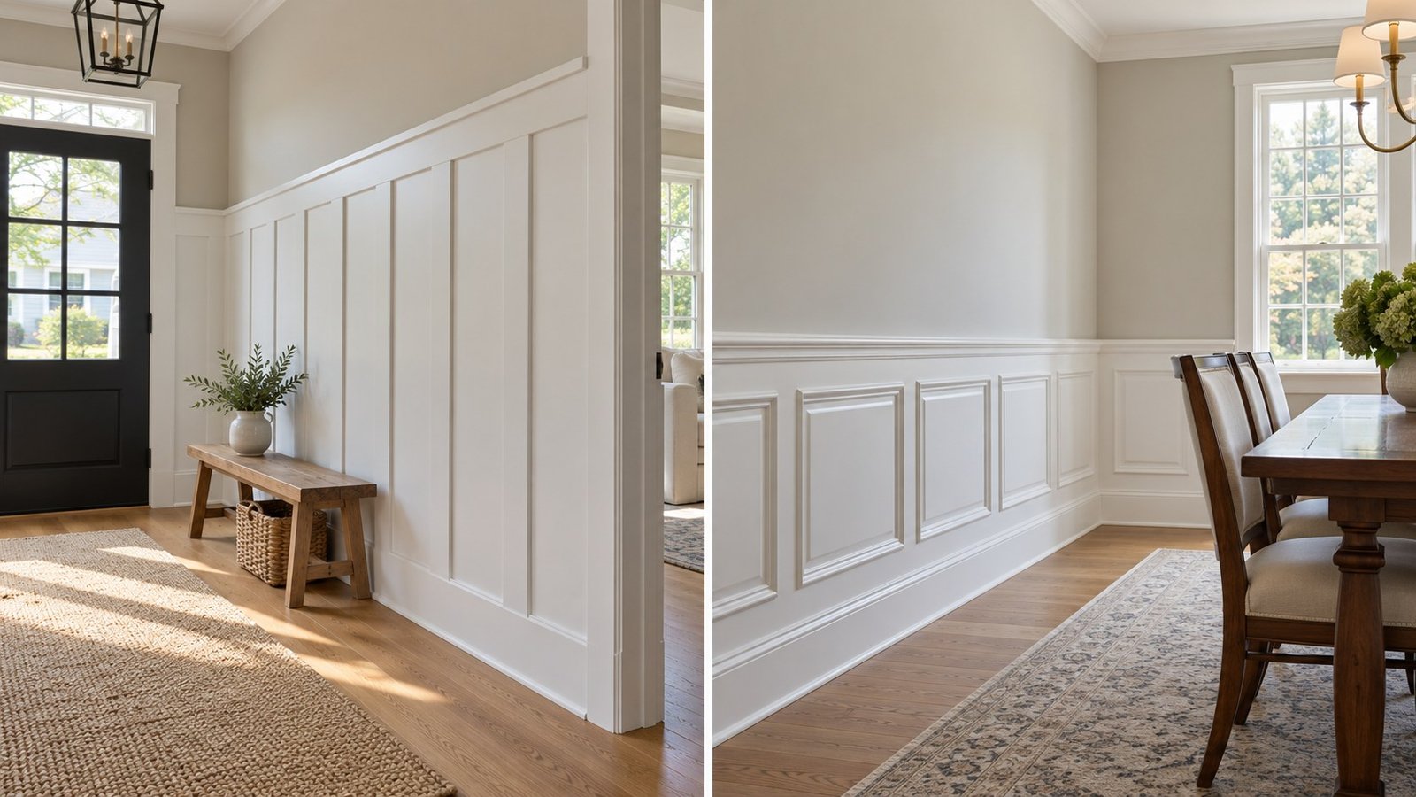 White board and batten in a New England entryway beside traditional wainscoting in a Colonial dining room