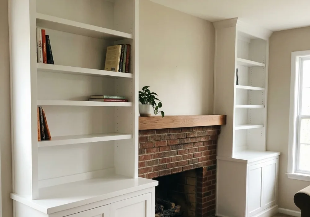 Custom built-in cabinets around a living room fireplace