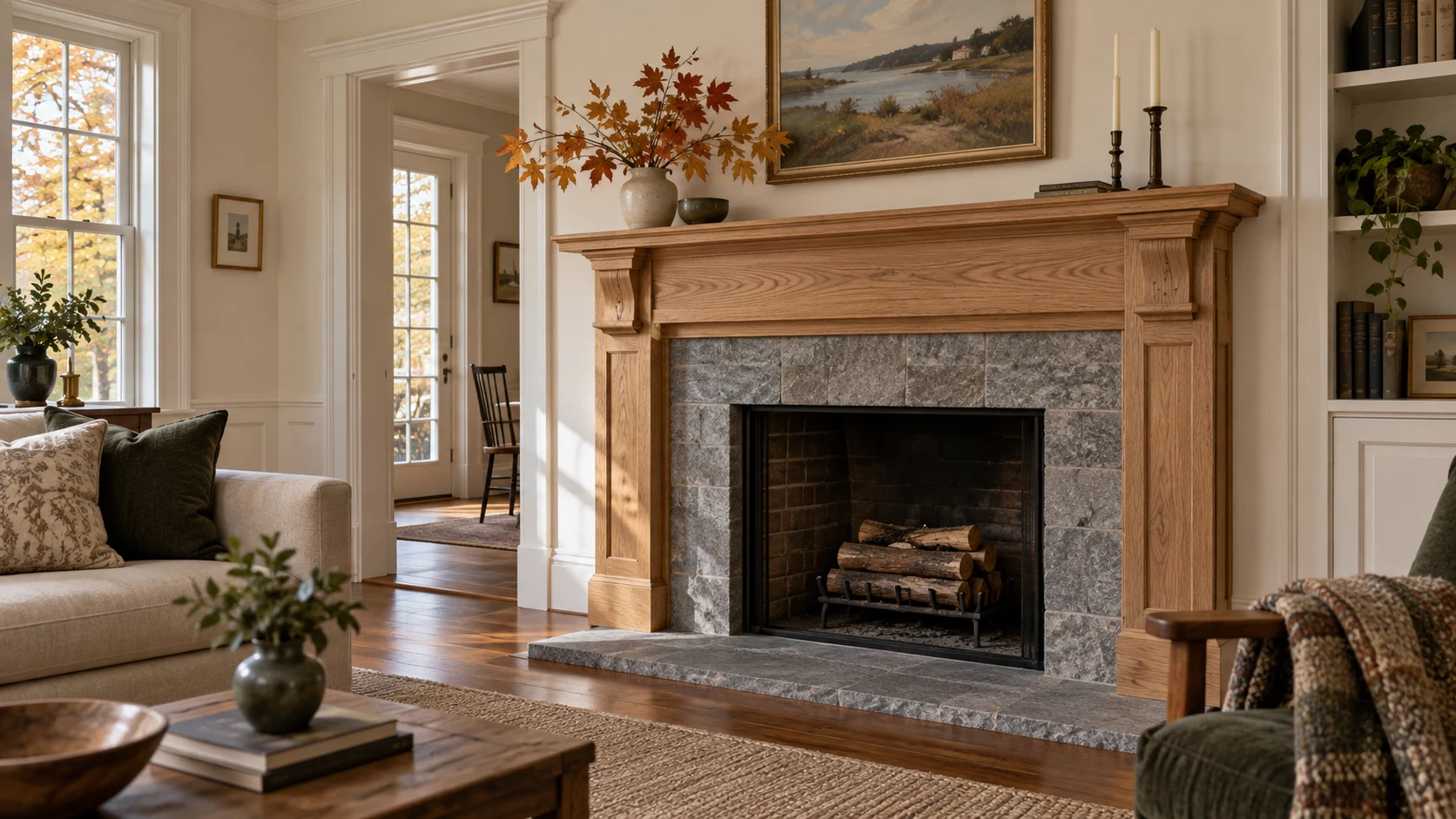 Custom oak fireplace mantel with a stone surround in a Greater Boston living room