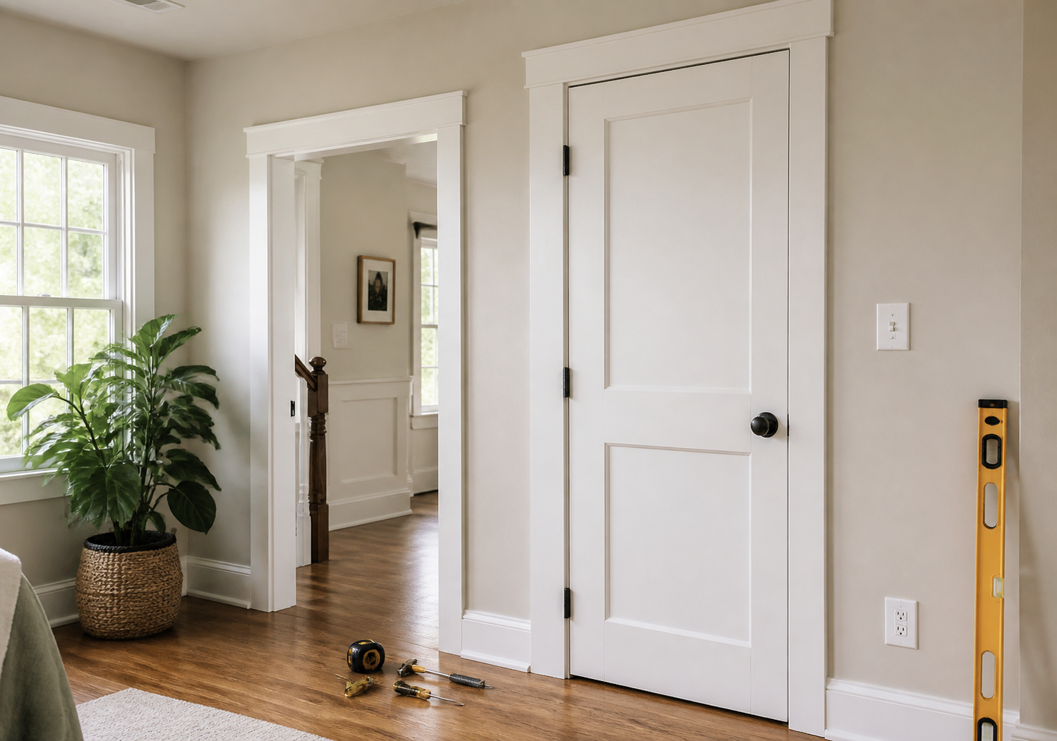 New white interior door with clean trim in a Greater Boston home