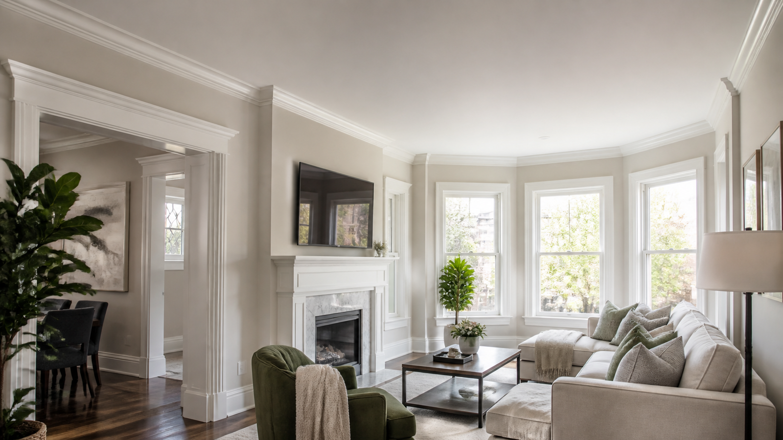 Modern crown molding and white finish trim in a Boston living room