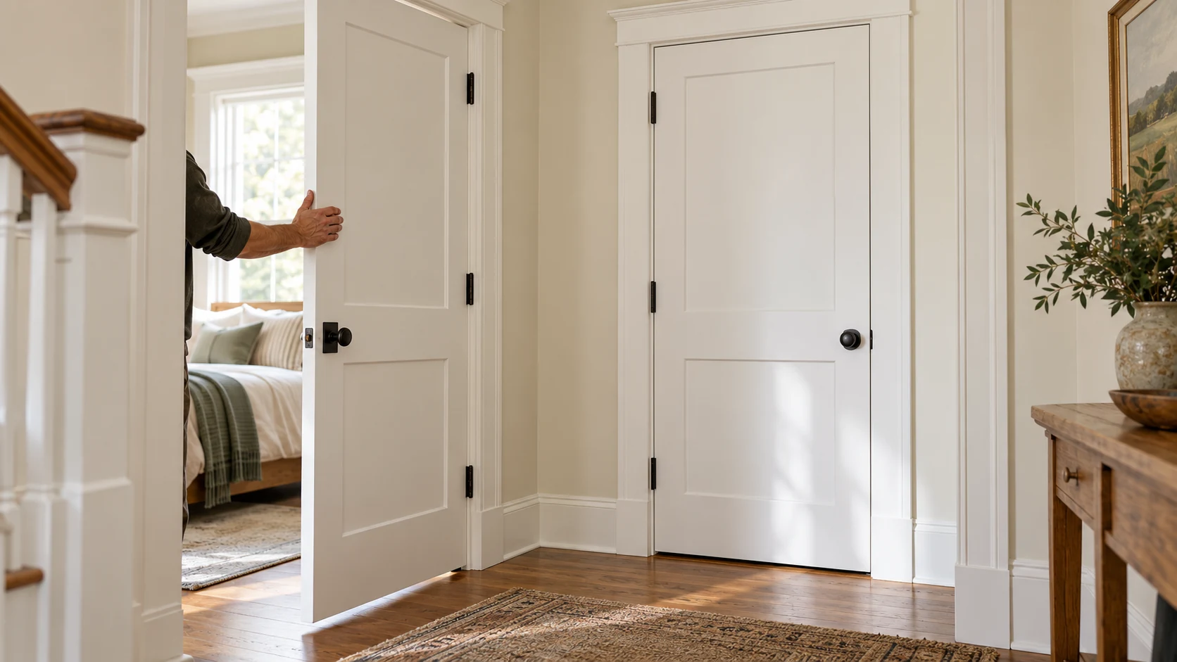 Two professionally installed white interior doors in a Greater Boston home