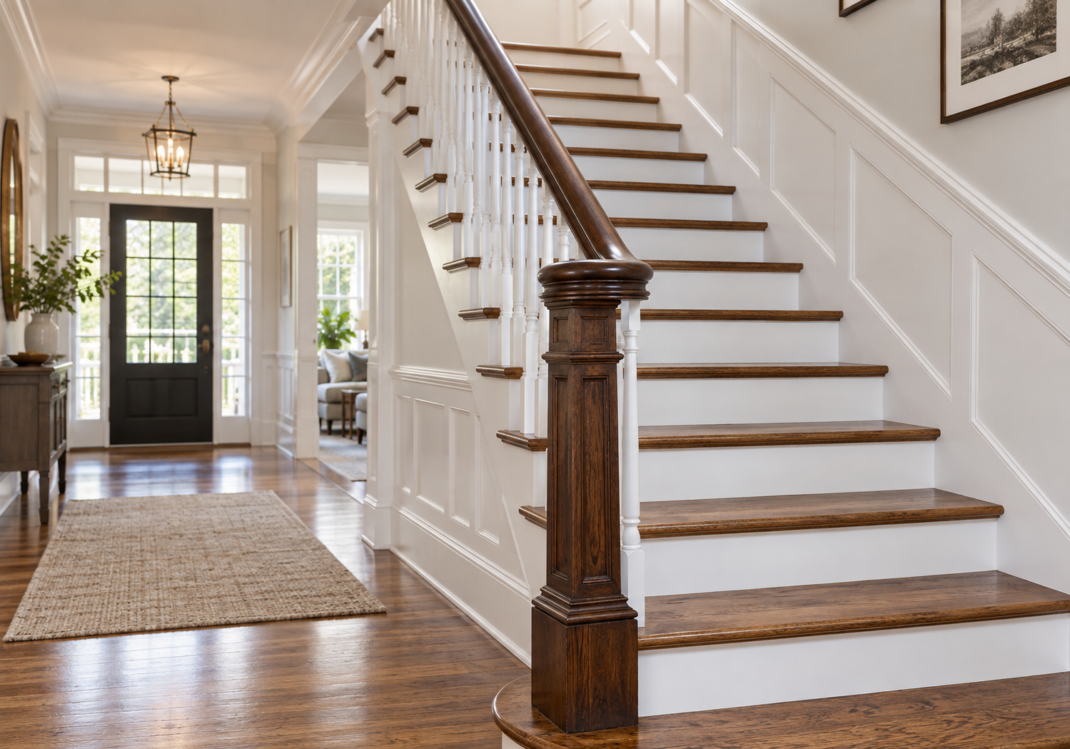 Remodeled Boston home staircase with wood treads and white risers