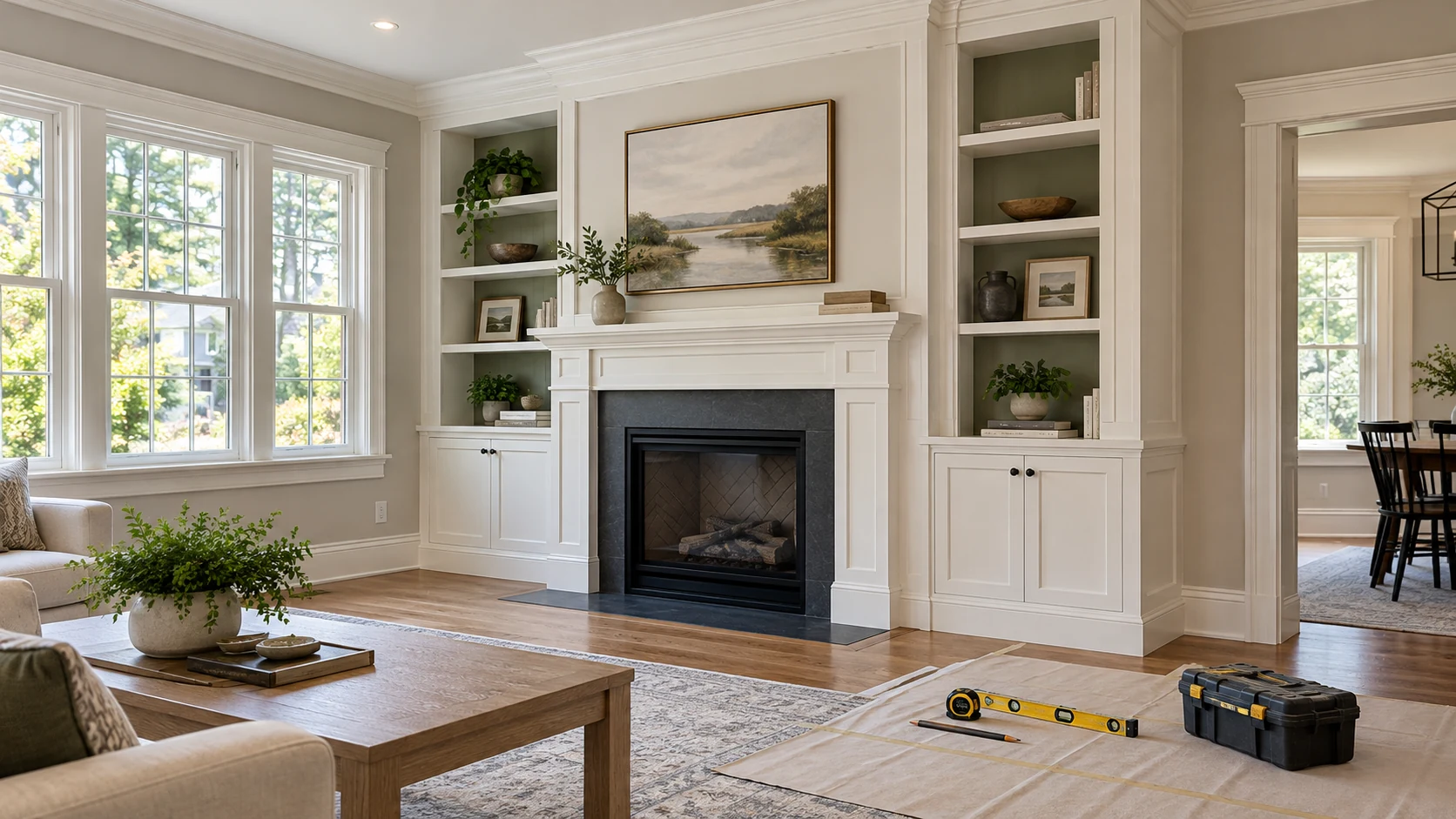 Finished crown molding, built-ins and fireplace woodwork in a Massachusetts home