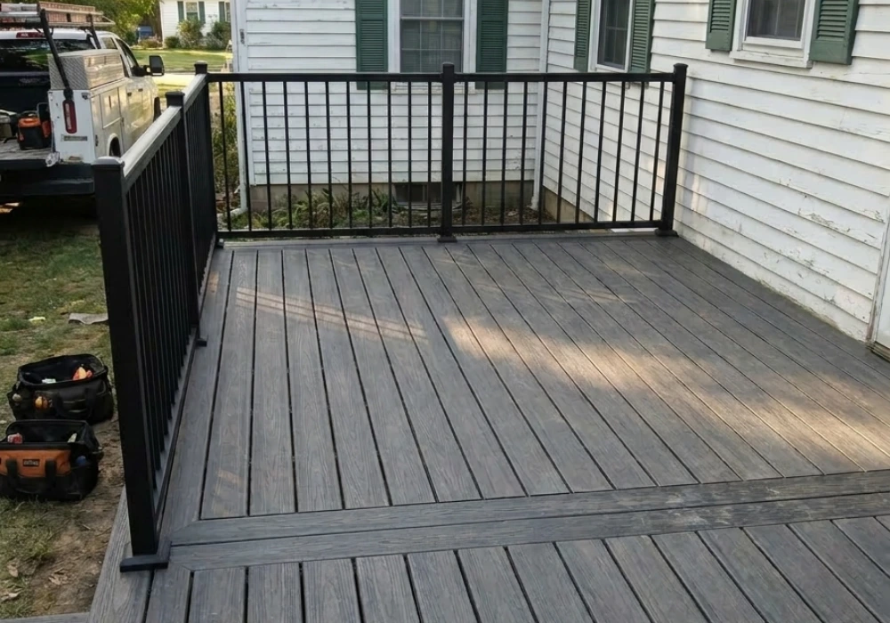 Composite wood deck in a backyard