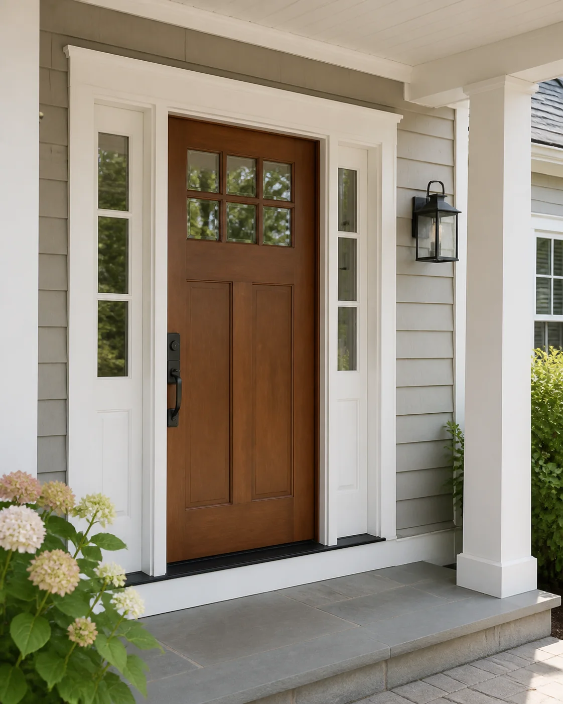 Finished front entry door with white exterior casing and clean trim