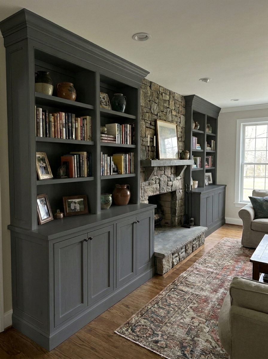 Built-in cabinets around fireplace
