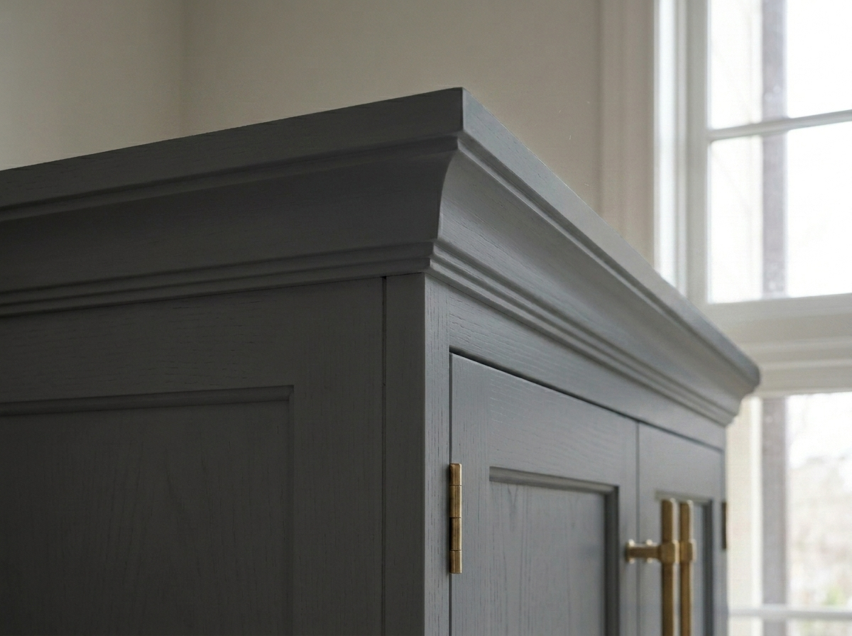 Cabinet crown detail with brass hinges