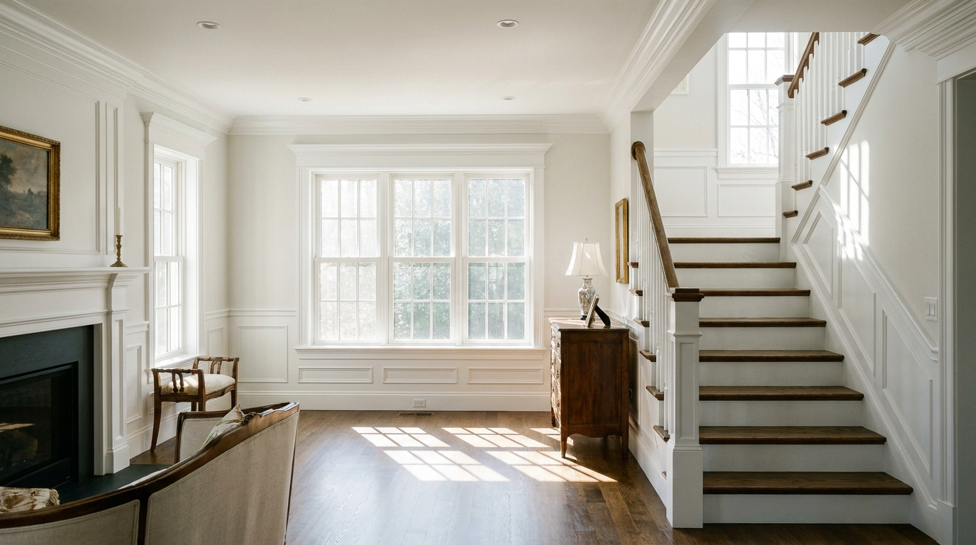 New England colonial interior with detailed trim and staircase
