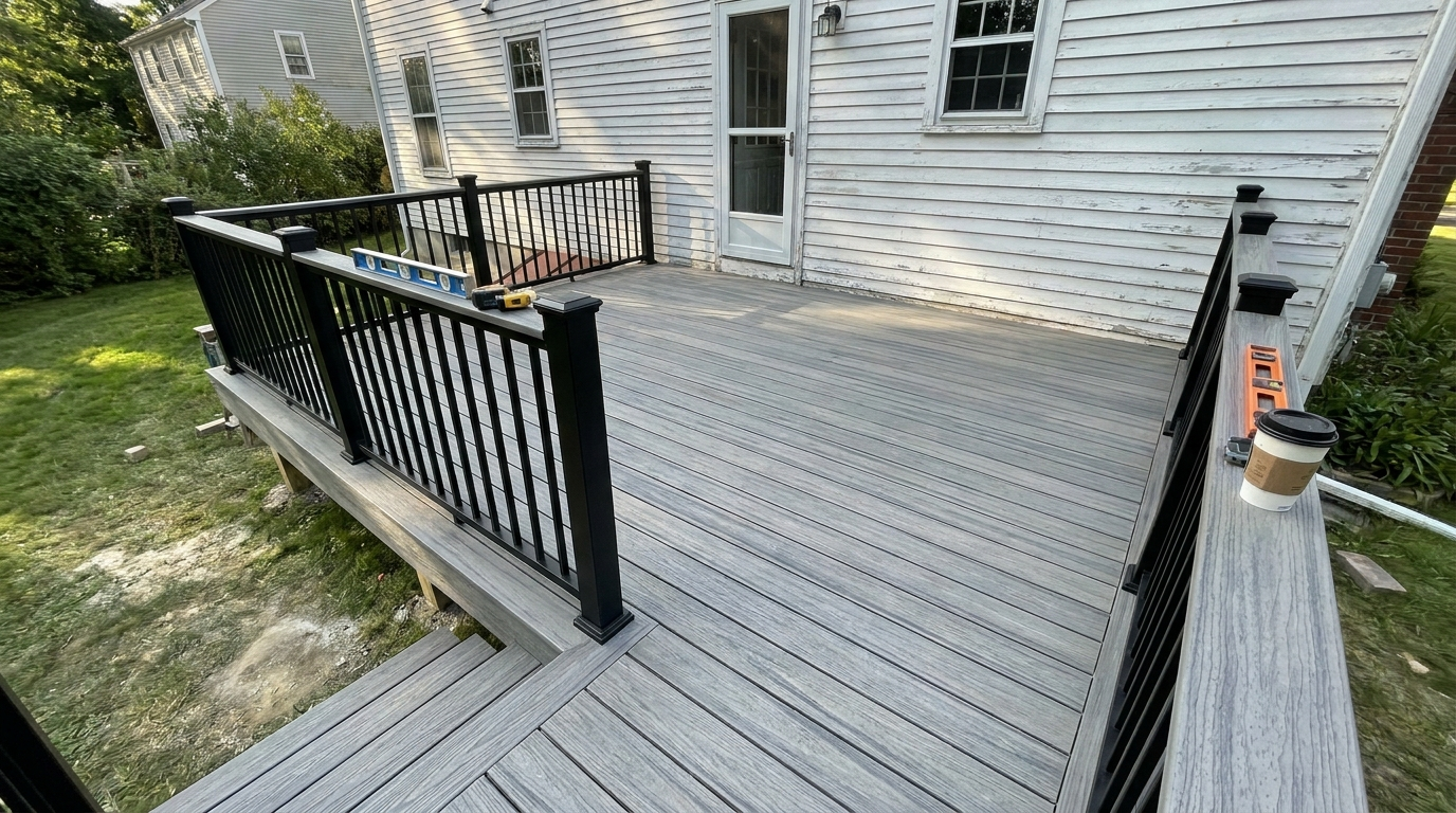 Composite deck with black aluminium railing behind a Greater Boston home