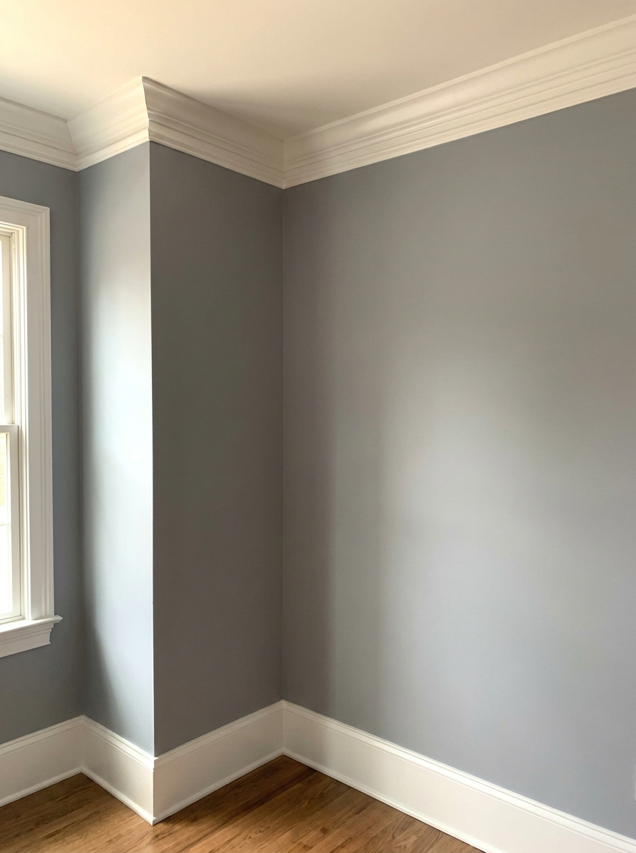 Crown molding and baseboard detail in a freshly painted room