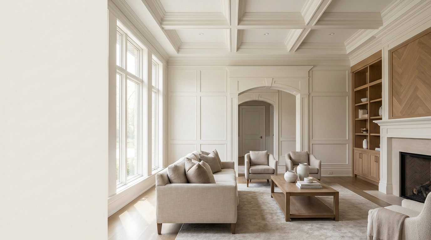 Coffered ceiling, wall panelling and white oak built-ins in a Greater Boston home