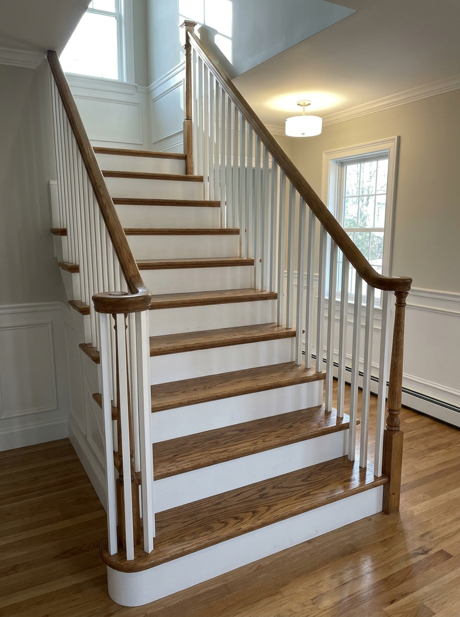 Red oak staircase with white risers and turned newel post